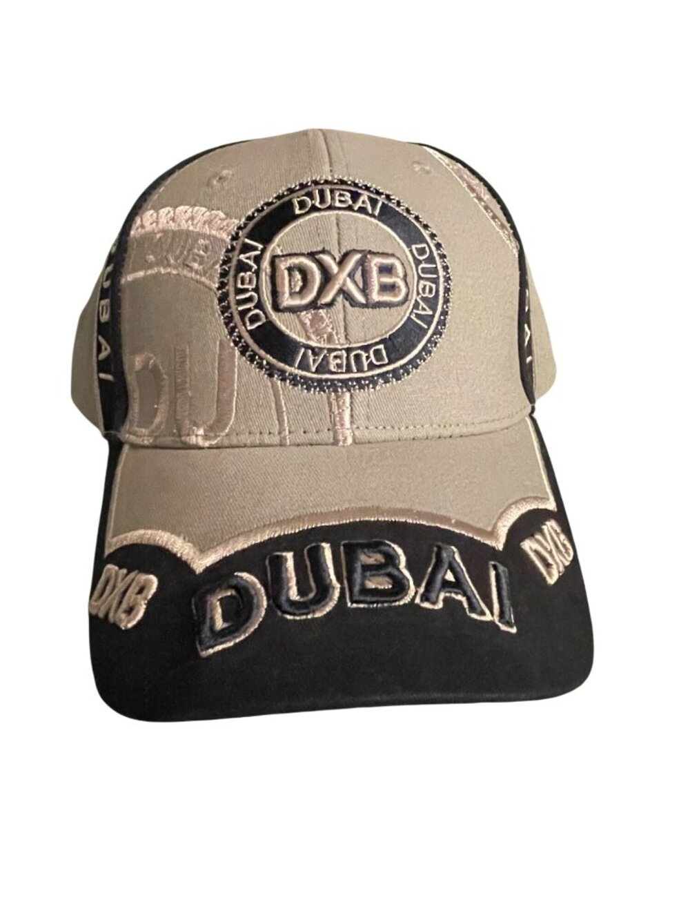 Dubai DXB Embroidered Adjustable Cap - Beige & Black Design With Dubai Souvenir